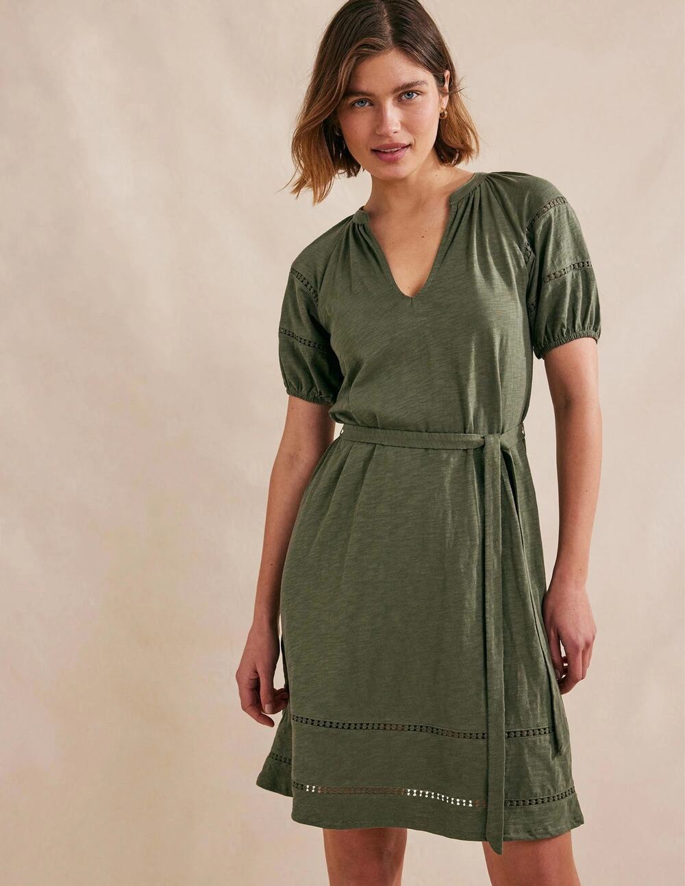 New Boden Jersey Dress Green Self-Tie Eyelet V-Neck Pullover Short Sleeve Sz 12